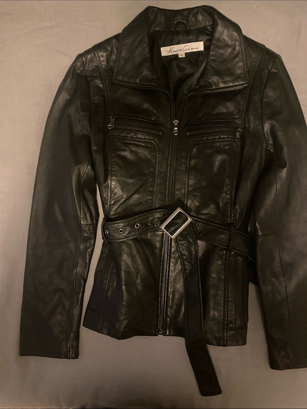 Kenneth Cole Black Leather Belted Moto Jacket